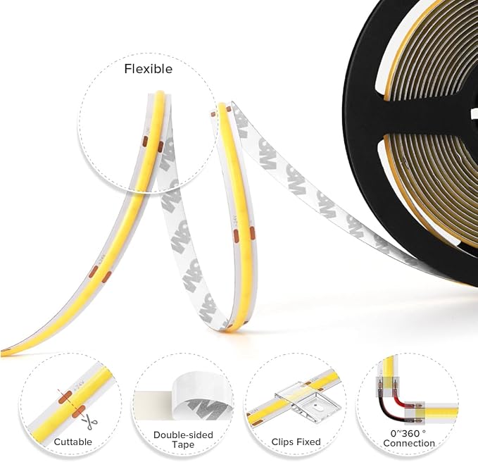 BTF-LIGHTING FCOB COB LED Strip Flexible High Density Uniform Light 9W/m 16.4FT DC24V Daylight White 5000K 480LEDs/m CRI 90+ 8mm Width Dimmable LED Ribbon for Indoor Decor(No Adapter or Controller)