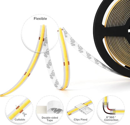 BTF-LIGHTING FCOB COB LED Strip Flexible High Density Uniform Light 9W/m 32.8FT DC24V Daylight White 5000K 480LEDs/m CRI 90+ 8mm Width Dimmable LED Ribbon for Indoor Decor(No Adapter or Controller)