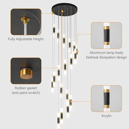 18-Light Modern Kitchen Island Black Gold Ceiling Pendant Light Dimmable LED 108W Staircase Large Chandelier Lobby Living Room Bedroom Foyer High Ceiling Chandelier