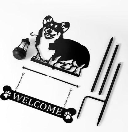 ANGELLOONG 51" Solar Corgi Silhouette Dog Welcome Sign with Lantern, Outdoor Decorative Corgi Gifts for Garden Yard Lawn Patio Pathway
