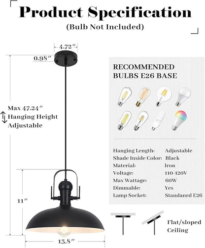 Black Pendant Lights Kitchen Island 2 Pack, Dome Pendant Light 13.8" W, Black Farmhouse Pendant Light for Kitchen Barn Hallway Porch Dining Room