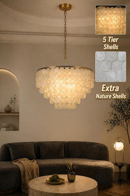 H16'' x D24'' Capiz Shell Chandelier with 5 Tiers Shell, Large Light Fixture Boho Farmhouse Ceiling Lights Entryway for Bedroom Bathroom Kitchen, (More Additional Shell Parts Included), Gold