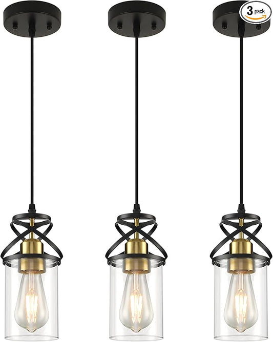 Modern Pendant Light Fixture, Black Gold Farmhouse Hanging Light for Kitchen Island, Industrial Clear Glass Pendant Lighting for Dining Room Bedroom, 3-Pack