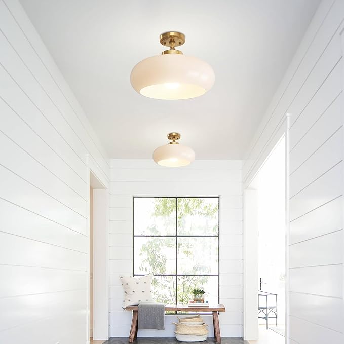 Mid Century Modern Flush Mount Ceiling Light Fixture with Cream White Glass Shade, 15.74 Inch Minimalist Chandelier for Bedroom Kitchen, Easy to Install, E26 Base
