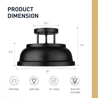 zeyu 12'' Industrial Semi Flush Ceiling Light, 2-Light Flush Mount Ceiling Lamp for Bedroom Dining Room, Metal Dome Shade in Black Finish, ZY29-F BK