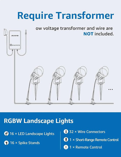 SUNVIE RGBW Low Voltage Landscape Lighting 12W LED Color Changing Landscape Lights Remote Control Waterproof Spotlights Outdoor Landscaping Lights for Yard Garden Christmas 16 Pack with Connector