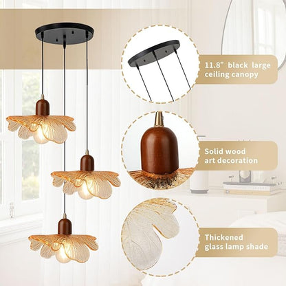 Glass Chandelier 3-Light Kitchen Island Pendant Light Shade Vintage Walnut Wood Chandeliers Amber Glass Hanging Pendant Lamp for Dining Room, Living Room, Bedroom