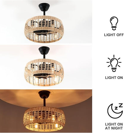 18.2" Rattan Ceiling Fan with Lights 4-Light Boho Caged Ceiling Fandelier with Light Reversible Brown Wicker Flush Mount Fan Pendant Light Remote for Bedroom Kitchen Dining/Living Room Hallway