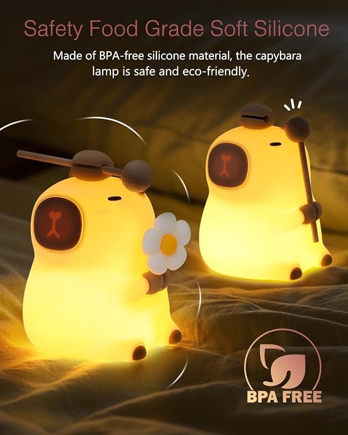 LOFICOPER Capybara Night Light, Silicone Dimmable Nursery Night Light, Rechargeable Touch Lamp, Cute Animal Lamp with Auto-Off Timer for Table Bedside Bedroom Decoration
