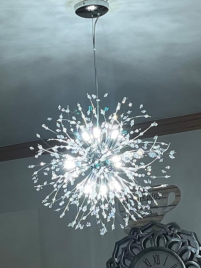 Modern Crystal Chandeliers 9-Light Chrome Dandelion Light Fixture,Firework Chandelier,Personalized Ceiling Hanging Lighting for Bedroom,Dining Room,Kitchen,Aisle Chandelier