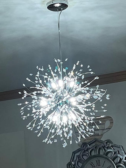 Modern Crystal Chandeliers 9-Light Chrome Dandelion Light Fixture,Firework Chandelier,Personalized Ceiling Hanging Lighting for Bedroom,Dining Room,Kitchen,Aisle Chandelier