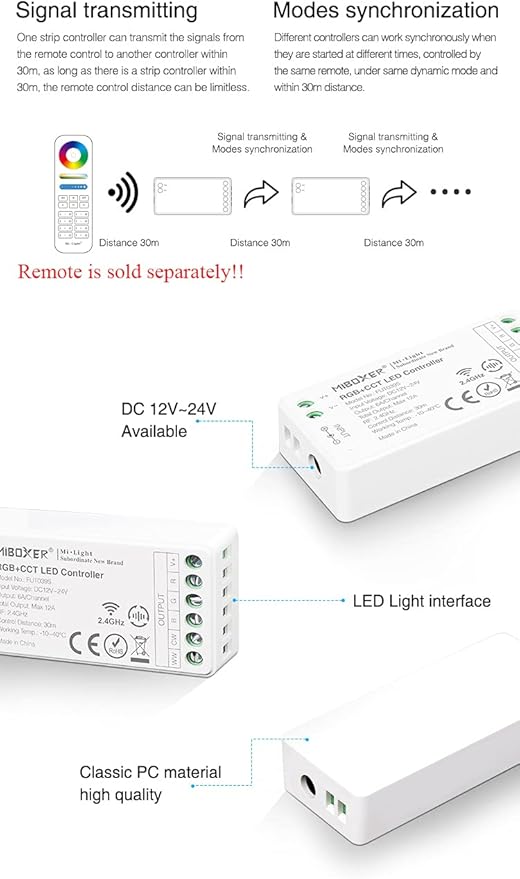 LGIDTECH FUT039S RGB+CCT Color LED Strip Light Controller,Input DC 12-24V,Output Max 12A