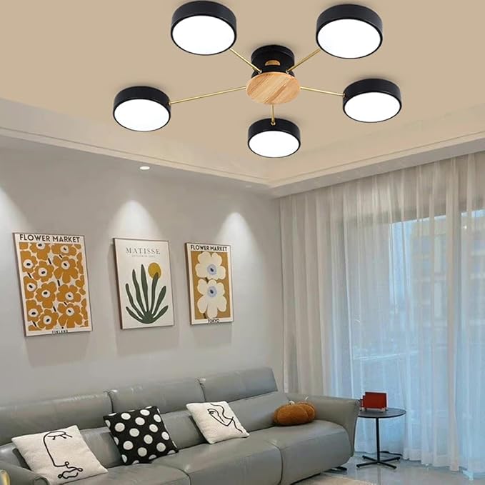 LED Ceiling Light Fixture,32 Inch 5-Lights Modern Ceiling Lights Flush Mount Wooden 40W Dimmable Chandelier for Living Room Bedroom Kitchen,3000K/4000K/6000K Temperatures Selectable Black