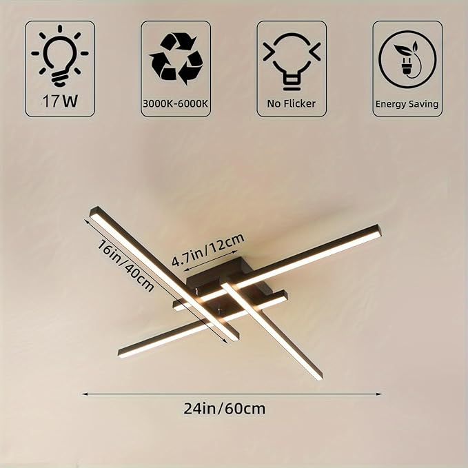 Modern LED Ceiling Light 24 Inch, 3-Color Temperatures (3000K/4000K/6000K) Adjustable, Black Flush Mount Light for Living Room, Bedroom, Kitchen, Hallway