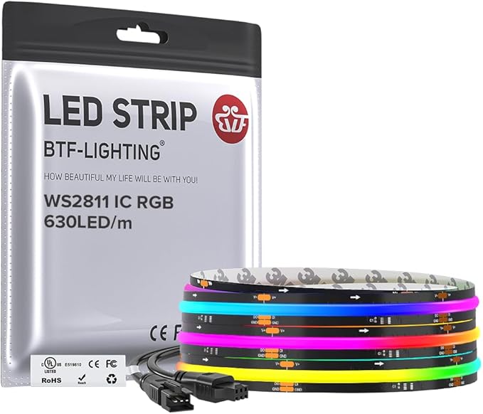 BTF-LIGHTING WS2811 Smart IC RGB FCOB COB LED Strip, UL Listed 630LEDs/m High Density Color Chasing Uniform Light, DC24V 9.8FT 10mm Width Black PCB for Home Party DIY Decor(No Adapter or Controller)