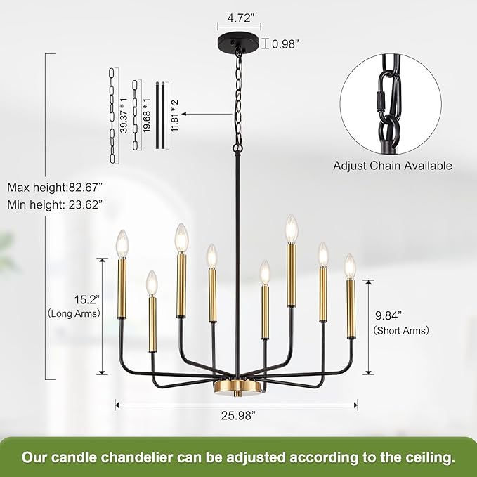 Modern Black and Gold Chandelier for Dining Room, 8-Light Metal Farmhouse Dining Room Light Fixtures Hanging Candle Chandelier Lighting for Kitchen, Living Room, Foyer, Entryway, Bedroom