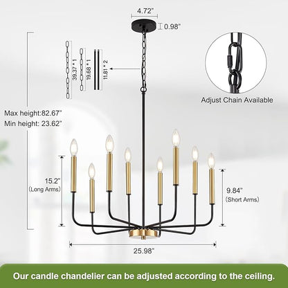 Modern Black and Gold Chandelier for Dining Room, 8-Light Metal Farmhouse Dining Room Light Fixtures Hanging Candle Chandelier Lighting for Kitchen, Living Room, Foyer, Entryway, Bedroom