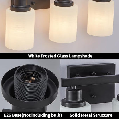 3-Light Bathroom Light Fixtures Over Mirror, Modern Matte Black Vanity Lights with White Frosted Glass Shade, Bathroom Wall Lamp Sconces for Mirror Bedroom, Living Room Hallway
