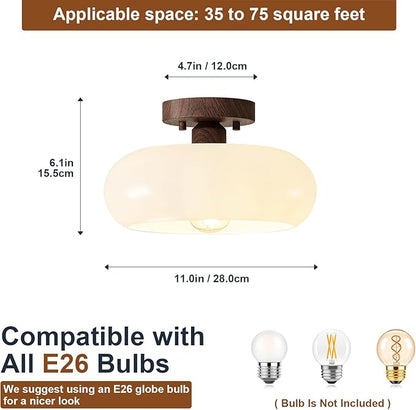 WOKNOS Mid-Century Modern Semi Flush Mount Ceiling Light, Faux Walnut Wood Kitchen Light Fixtures with Glass Shade, Vintage White Close to Ceiling Lamp for Entryway Hallway Bathroom (11.0 Inch)