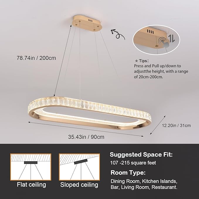 Gold Modern Chandelier Linear Led Chandeliers for Dining Room Oval Ring Chandelier Light Fixture Dimmable Led Pendant Light for Kitchen Island Lighting with Remote Controller