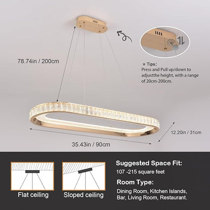 Gold Modern Chandelier Linear Led Chandeliers for Dining Room Oval Ring Chandelier Light Fixture Dimmable Led Pendant Light for Kitchen Island Lighting with Remote Controller