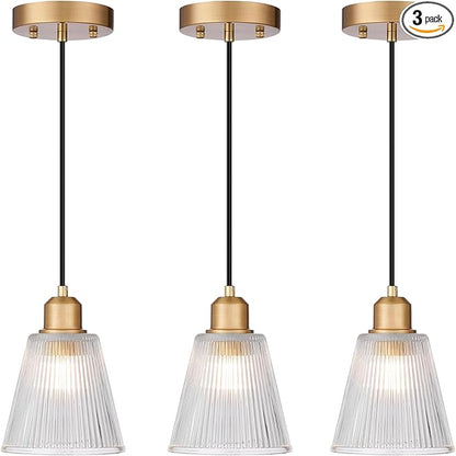 Pendant Lights Kitchen Island, Gold Pendant Light Fixtures with 5.8mm Thick Glass Shade and Adjustable Cord, Modern Pendant Lighting for Bathroom, Dining Room, Bedroom, 3 Pack