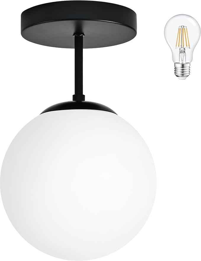 Bagood 8" Black Semi Flush Mount Ceiling Light Fixture Milk Glass Globe Ceiling Light Fixtures Hallway Light Fixtures Mid Century Ceiling Lights Matte Black Finish for Entryway Foyer (Bulb Incl.)