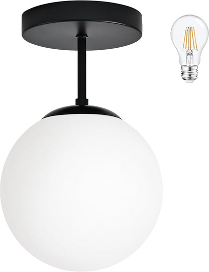 Bagood 8" Black Semi Flush Mount Ceiling Light Fixture Milk Glass Globe Ceiling Light Fixtures Hallway Light Fixtures Mid Century Ceiling Lights Matte Black Finish for Entryway Foyer (Bulb Incl.)