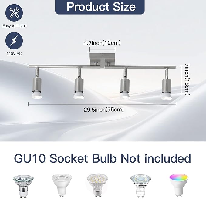 4-Light Nickel Track Lighting Kit, Adjustable GU10 Ceiling Spotlight Fixture with Rotatable Heads, Modern Flush Mount for Kitchen Island, Hallway, Living Room (Bulbs Not Included)