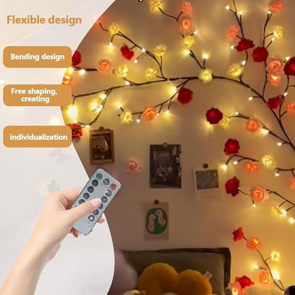 Rose LED Tree Branch Lights for Wall,Rose Blossom Willow Vine Branch Room Decor Gift,Flexible DIY Design,with 48 LED Lights and Remote,8 Lighting Modes,for Bedroom and Wall Decor (47inch)