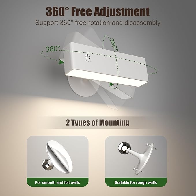 YiLaie LED Magnetic Wall Sconce Lights, 2Pack 4000mAh Battery Operated Wall Sconce, USB Rechargeable Wall Lights with Touch Controls & Brightness Adjustment, 360° Rotate Wall Mounted Reading Llight