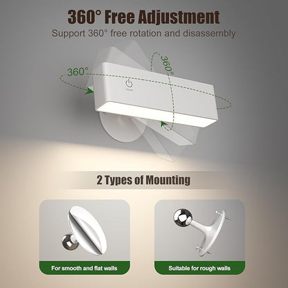 YiLaie LED Magnetic Wall Sconce Lights, 2Pack 4000mAh Battery Operated Wall Sconce, USB Rechargeable Wall Lights with Touch Controls & Brightness Adjustment, 360° Rotate Wall Mounted Reading Llight