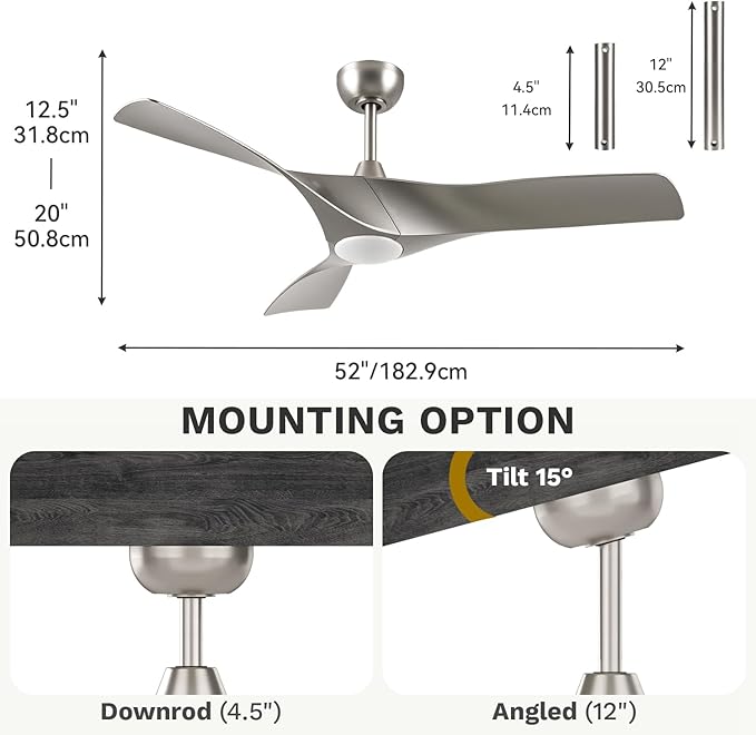 DWVO Ceiling Fan with Light, 52" Ceiling Fan with Remote, LED Tri-Color Temperature, 3 Blade Ceiling Fans Reversible 6 Speeds w/Quiet DC Motor for Bedroom, Living Room, Dining Room, Patio