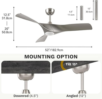 DWVO Ceiling Fan with Light, 52" Ceiling Fan with Remote, LED Tri-Color Temperature, 3 Blade Ceiling Fans Reversible 6 Speeds w/Quiet DC Motor for Bedroom, Living Room, Dining Room, Patio
