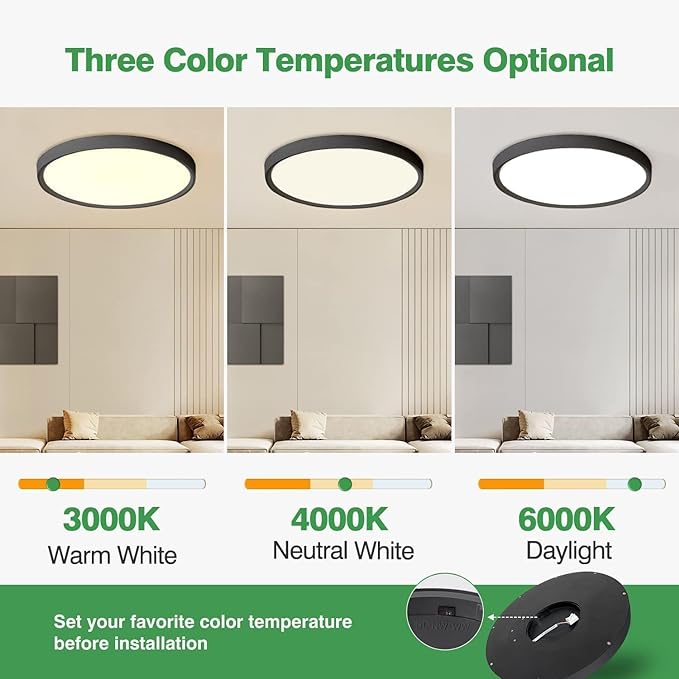 20 Inch Large LED Flush Mount Ceiling Light, 40W,4350LM, 3000K/4000K/6000K CCT Selectable,Black Flat Panel Light Low Profile Ceiling Light Fitures for Hallway, Kitchen, Bedroom, Laundry Room, 2PK