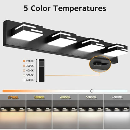 LED Modern Bathroom Vanity Light Fixtures 4-Light 28-inch 5CCT Dimmable Matte Black Vanity Lights for Bathroom Lighting Fixtures Over Mirror, with 360° Rotatable Acrylic Heads