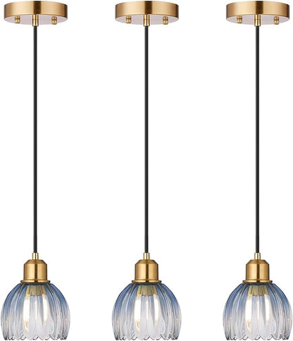 TALOYA Pendant Light 3 Pack with Blue Tulip Glass Lmapshade, Brass Vintage Pendant Light Adjustable Hanging Light for Kitchen Island Bedroom Dining Room Hallway& Bar