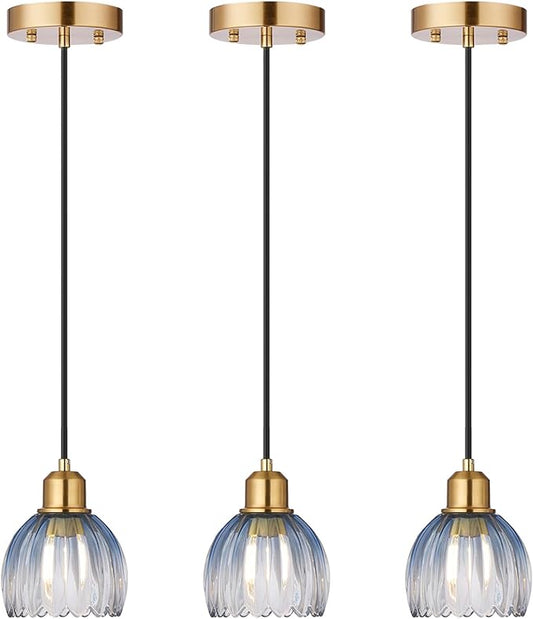 TALOYA Pendant Light 3 Pack with Blue Tulip Glass Lmapshade, Brass Vintage Pendant Light Adjustable Hanging Light for Kitchen Island Bedroom Dining Room Hallway& Bar