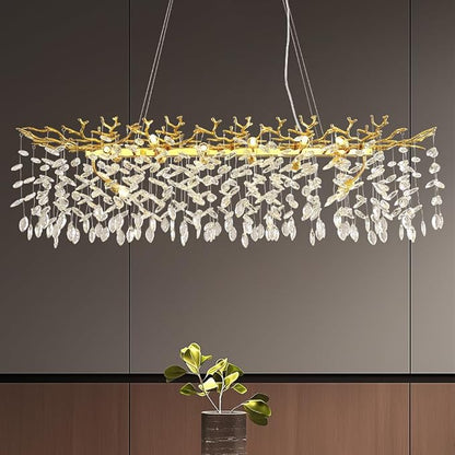 Modern Crystal Tree Branches Chandelier, 47.5in Gold 14 Lights Large Ceiling Hanging Light for Dining Room, Rectangle Raindrop Pendant Light Fixture