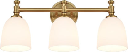 Gold Bathroom Vanity Light, 3-Light Bathroom Light Fixtures Over Mirror, Traditional Vanity Lights for Living Room, Milk White Bell Glass Shades, Standard E26 Base, Aged Brass