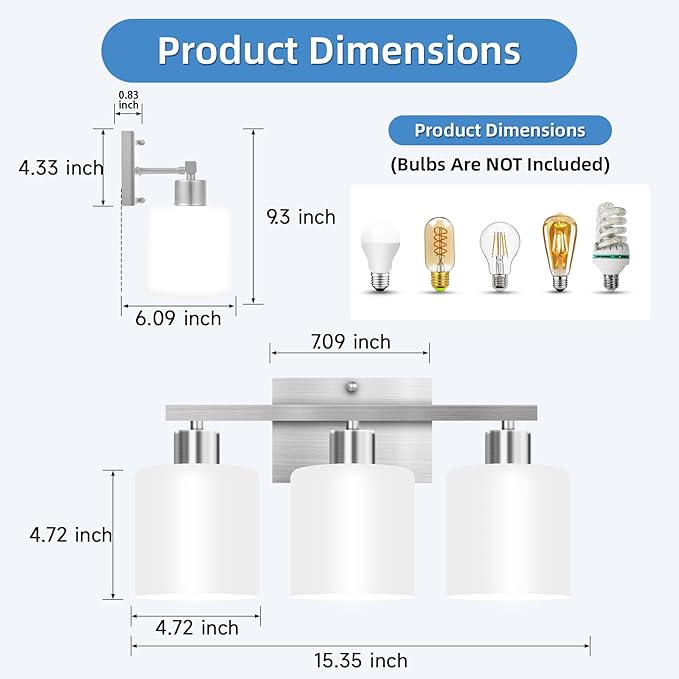 SILAMPDI Bathroom Light Fixtures Brushed Nickel, 3-Light Bathroom Lights Over Mirror, Bathroom Vanity Lights for Bedroom, Living Room, Hallway, Milky White Glass Shades, E26 Base, Bulbs Not Included