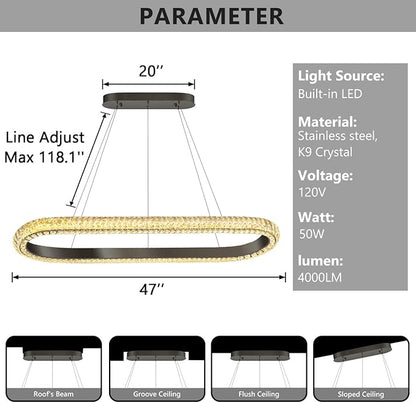 47'' Oval Ring Crystal Chandelier Modern LED Dimmable Ring Pendant Light Chandelier for Dining Room Living Room Black