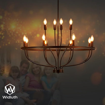 33.5" Industrial Black Chandelier Vintage 12-Lights Rustic Candle Style Chandeliers Light Fixture Retro Farmhouse Black Chandelier for Dining Room, Kitchen Island, Living Room, E12