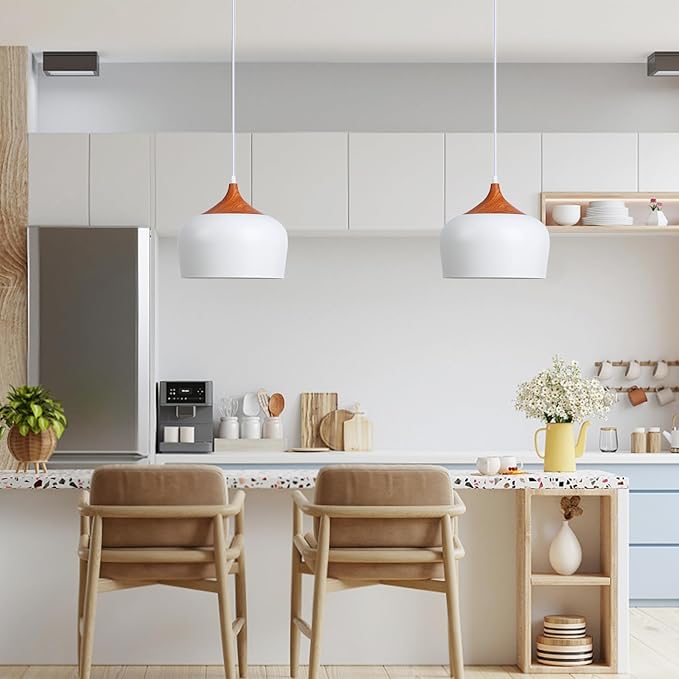 Modern Pendant Light Fxtures Kitchen, Hanging Light Fixtures Ceiling Mount, Wood Metal Shade Pendant Lamp for Dining Room, Bedroom, Living Room, Bathroom, Entryway, Small Chandelier, White