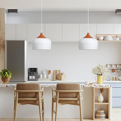 Modern Pendant Light Fxtures Kitchen, Hanging Light Fixtures Ceiling Mount, Wood Metal Shade Pendant Lamp for Dining Room, Bedroom, Living Room, Bathroom, Entryway, Small Chandelier, White