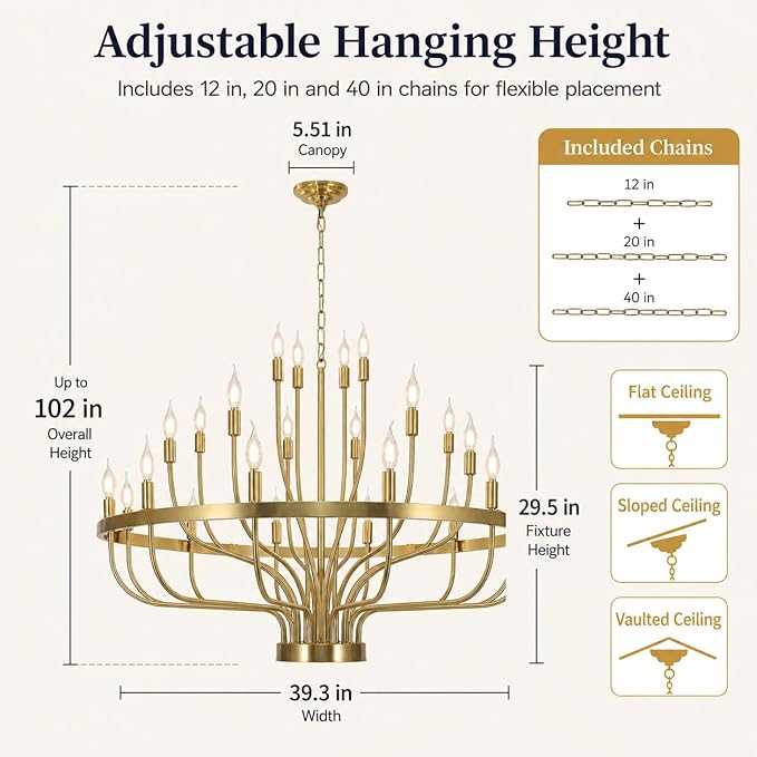 Shandaglo Large Gold Chandelier 24-Light, 39in Wagon Wheel Chandelier for High Ceilings, 3-Tier Foyer Chandelier for Entryway, Dining Room Light Fixture, Living Room Farmhouse Ceiling Light ﻿