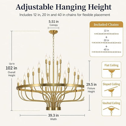Shandaglo Large Gold Chandelier 24-Light, 39in Wagon Wheel Chandelier for High Ceilings, 3-Tier Foyer Chandelier for Entryway, Dining Room Light Fixture, Living Room Farmhouse Ceiling Light ﻿
