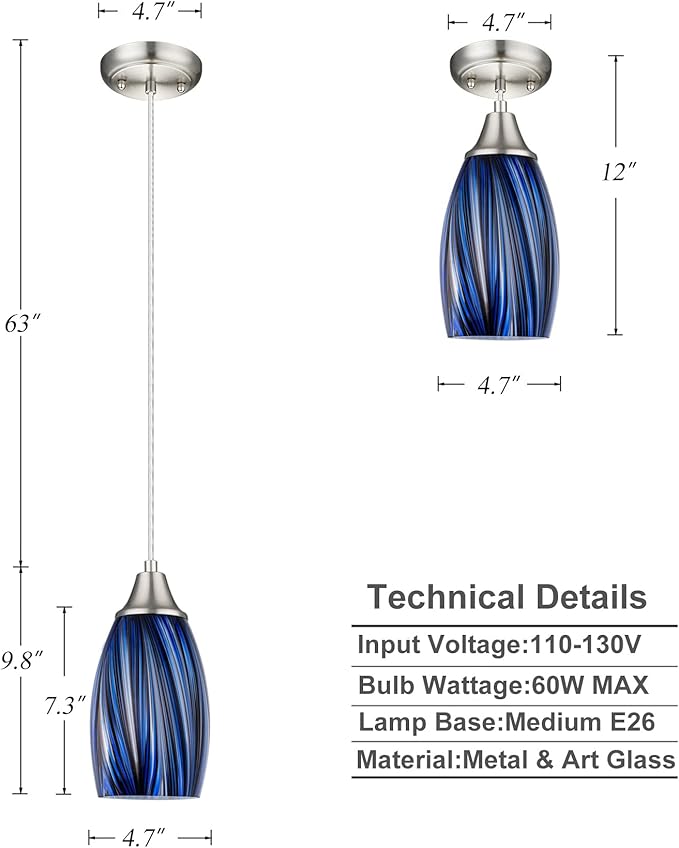 karyfine Mini Art Glass Dark Blue Pendant Lights Kitchen Island Hand Blown Mini Glass Pendant Lights with Brush Nickel Finish Adjustable Cord for Kitchen Over Sink,Hallway,Dining Room,Stairsway