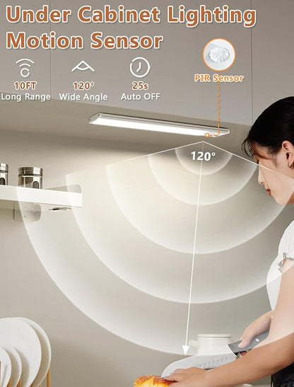 Under Cabinet Rechargeable Lighting: Motion Sensor Dimmable Lights Indoor - Battery Operated Lights - Wireless Activated Closet Light Magnetic Led Light for Kitchen Home Bathroom Counter Shelf