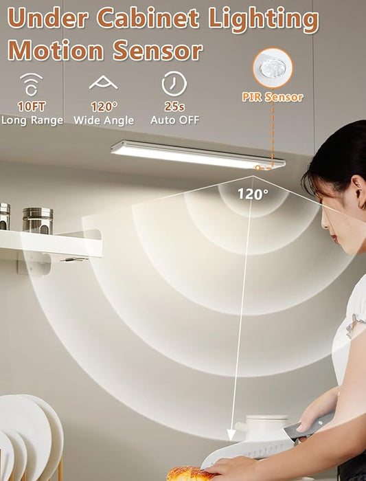 Under Cabinet Motion Sensor Lighting: 14 Inch Dimmable Rechargeable Lights Indoor - Battery Operated Lights - Undercabinet Closet Light Magnetic Led Light for Kitchen Home Bathroom Counter 3 Pack